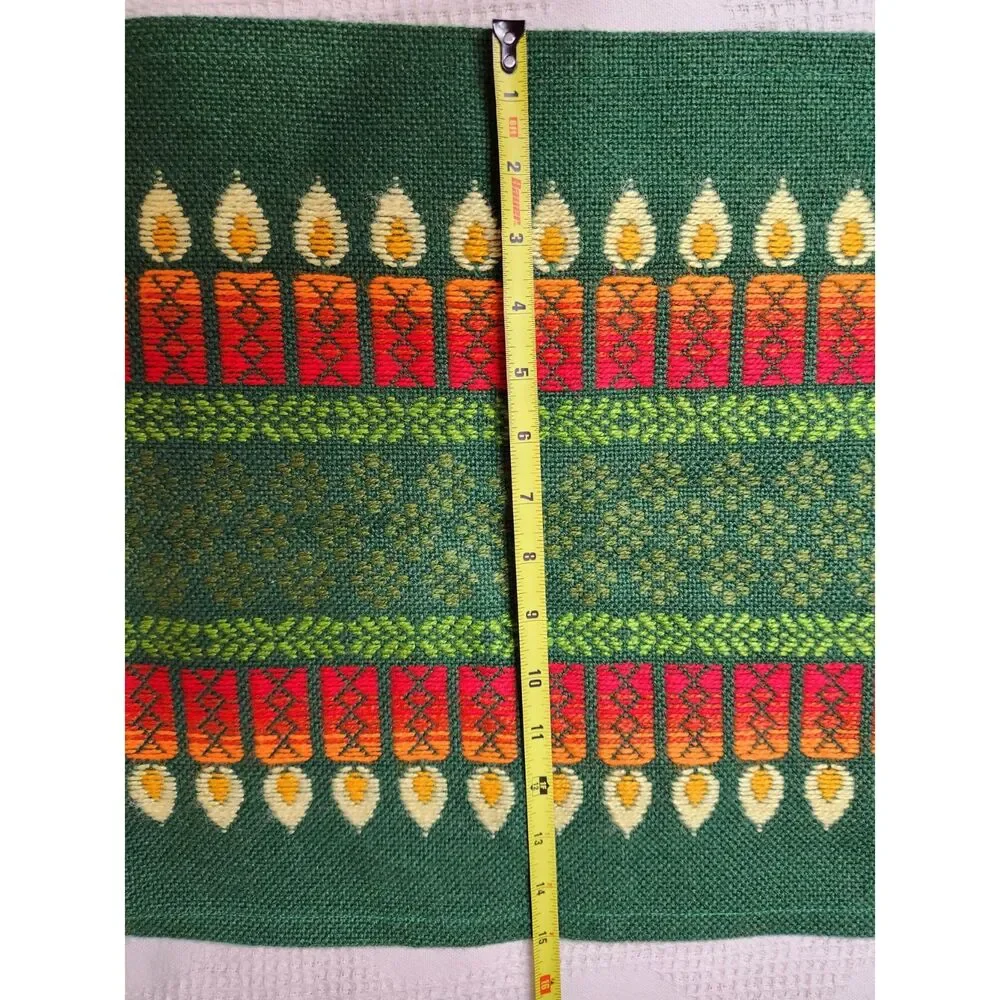 Vintage Candle Theme Table Runner Woven Retro Green Mid Century Ethnic